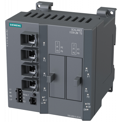 SCALANCE X308-2M TS   managed IE switch, compact  4x 10/100/1000 Mbit/s for RJ45 ports electrical  2x 100/1000 Mbit/s for 2-port media modules, electr. 6GK53082GG102CA2